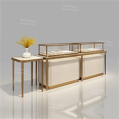 LuminaVerve Modilè Vitrin Bijou ansanm ak Kabinèt Lak krèm & Chanpay Gold Trim