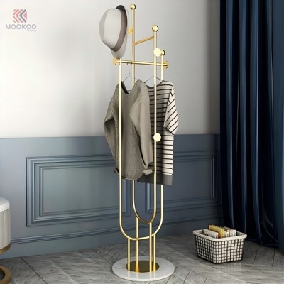 MOOKOO Luxury Gold Metal Floor Rack Marble Base ABS/Acrylic/PVC Kwòk Oak/Wood Accents -Stil modèn pou asanble fasil